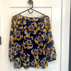 Cabi Lydia Navy Mustard Top Floral 34” Sleeve Blouse